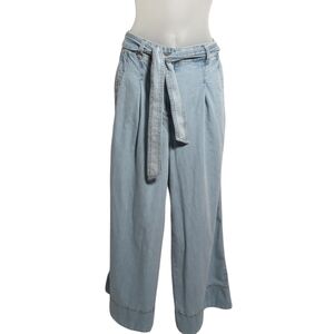 LOFT Chambray Wide Leg Cotton Jean Pants Trousers Belted Pocket Size 6